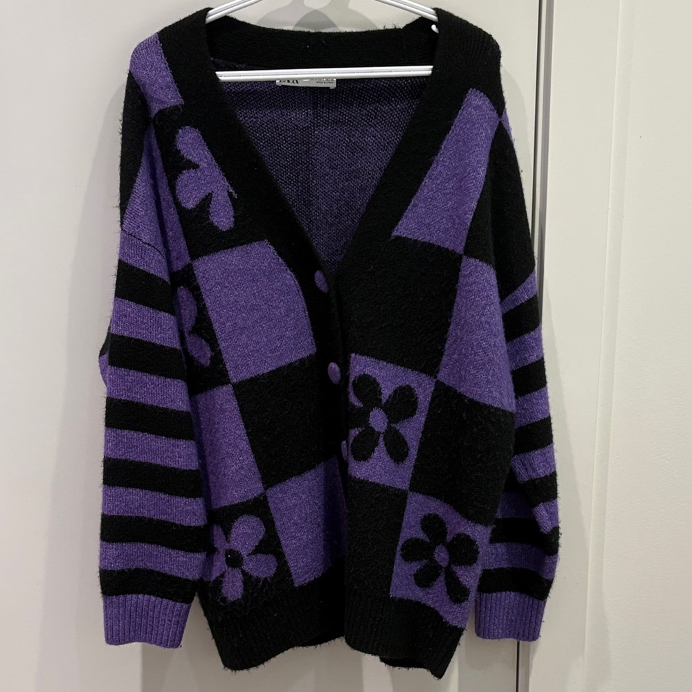 Zara Black and Purple Checkerboard Floral Cardigan